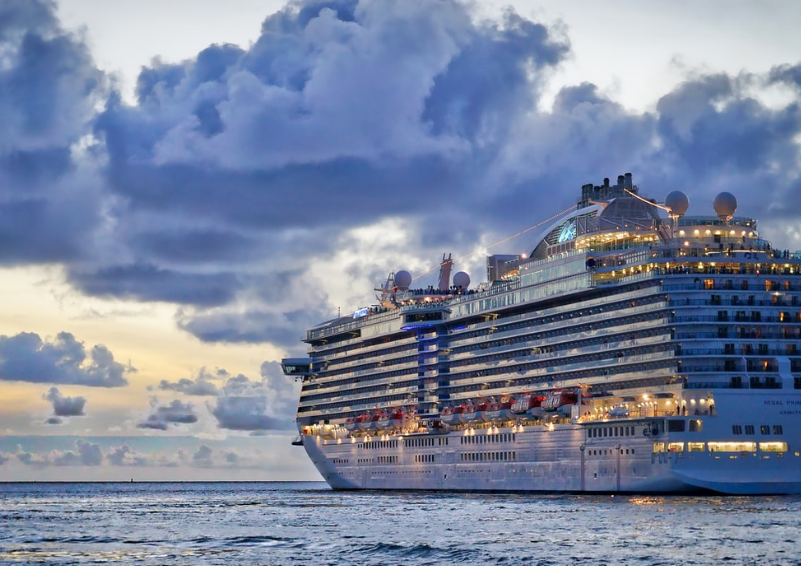 A cruise ship at dusk.
