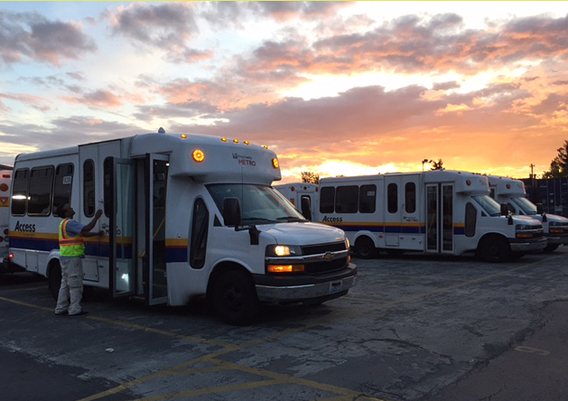 Paratransit vehicles with the beginning of a sunrise in the background