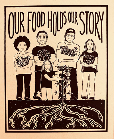 Black and white drawing of 5 people of various ages and ethnicities growing vegetables, with the label OUR FOOD HOLDS OUR STORY