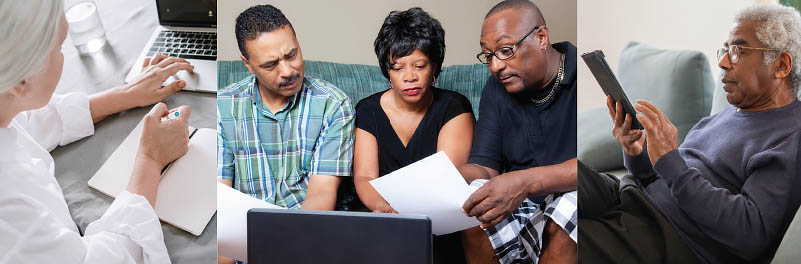 Three images: 1) elderly woman with white hair at a laptop, 2) two middle-aged men and a woman on a couch, looking at papers, in front of a laptop, 3) profile of older man at a tablet on a couch