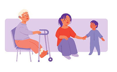 An illustration of a man with a walker and a mother holder her child's hand.