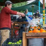 A man in a red hoodie and baseball hat pushes a wheelbarrow sprays water on a rack full of orange and green squashes.
