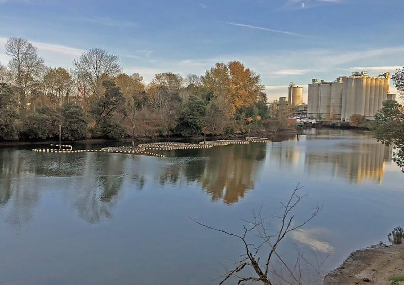A view of a shallow river with the trees on the shore beyond and a factory in the distance.