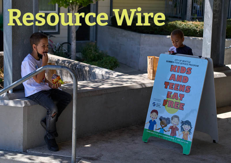 A mall child in shorts sits on bench eating near a sandwich board that reads, "kids and teens eat free.' The words Resource Wire appears above the child.