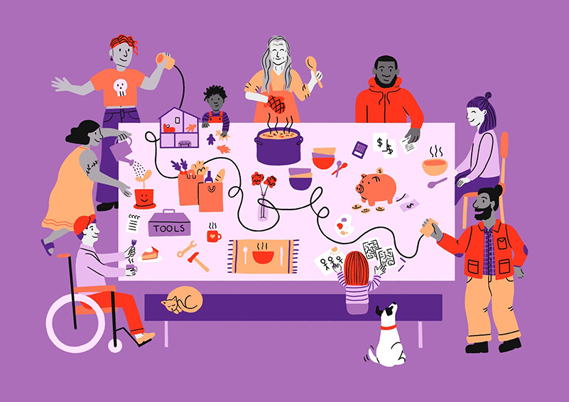 An illustration of several people of different ethnicities and abilities gathered around a table, Some are eating, a child is drawing, two people are talking on a tin-can telephone.